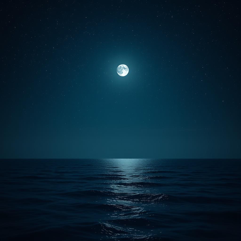 A serene ocean under a starry night sky, with gentle waves reflecting the moonlight