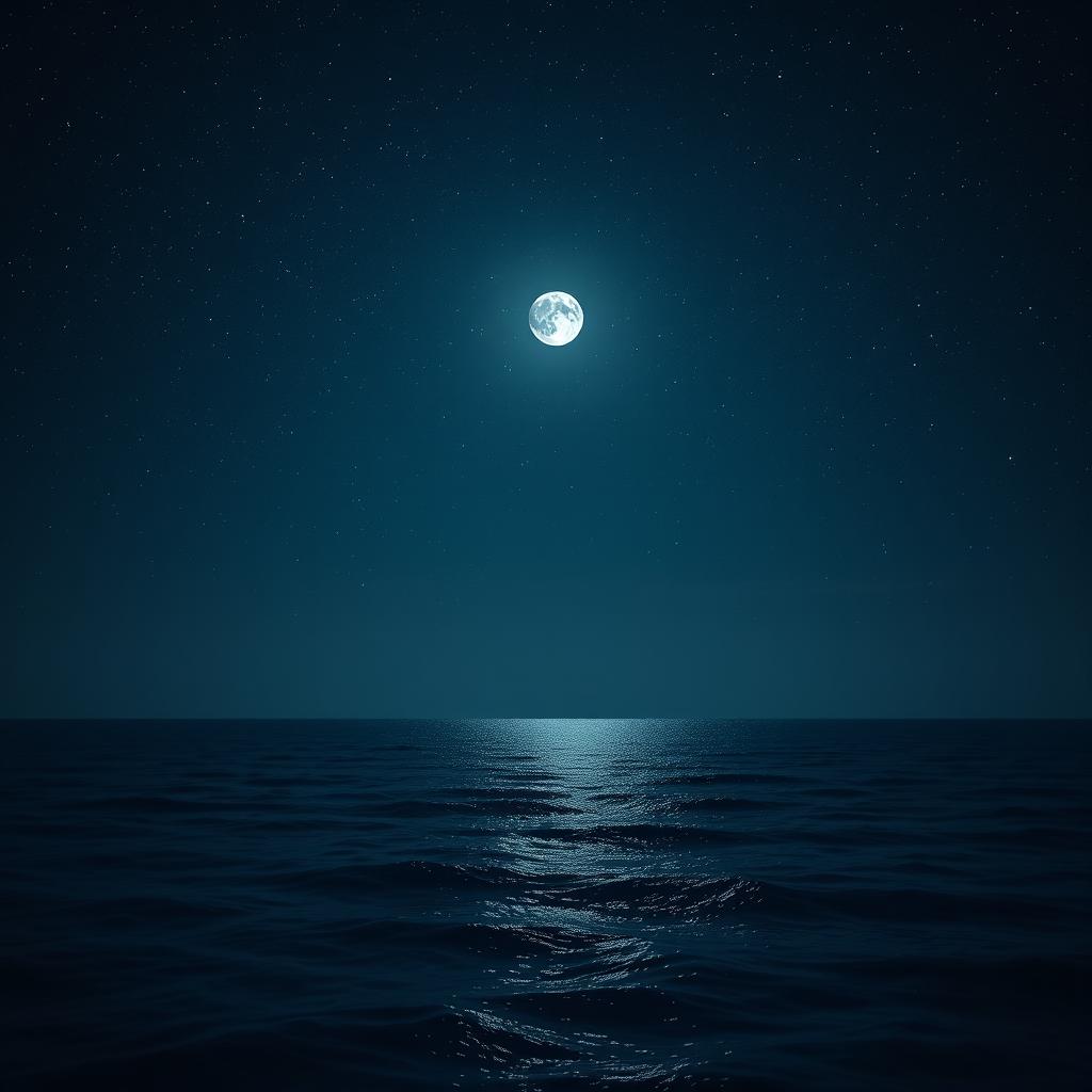 A serene ocean under a starry night sky, with gentle waves reflecting the moonlight