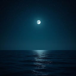 A serene ocean under a starry night sky, with gentle waves reflecting the moonlight