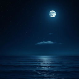 A serene ocean under a starry night sky, with gentle waves reflecting the moonlight