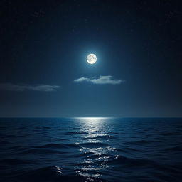 A serene ocean under a starry night sky, with gentle waves reflecting the moonlight