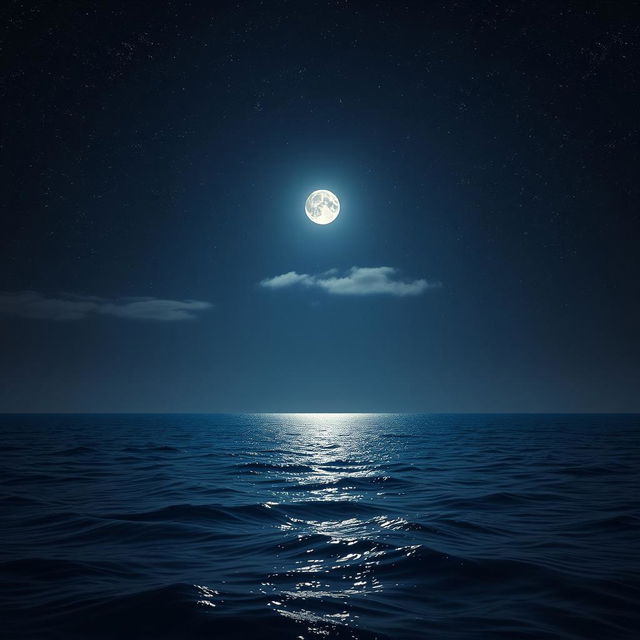 A serene ocean under a starry night sky, with gentle waves reflecting the moonlight