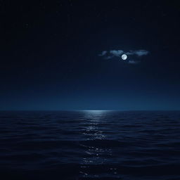 A serene ocean under a starry night sky, with gentle waves reflecting the moonlight