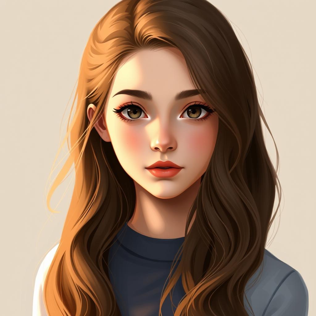 A digital art portrait of a beautiful teenage girl featuring her long, wavy brown hair cascading elegantly down her shoulders