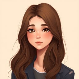 A digital art portrait of a beautiful teenage girl featuring her long, wavy brown hair cascading elegantly down her shoulders