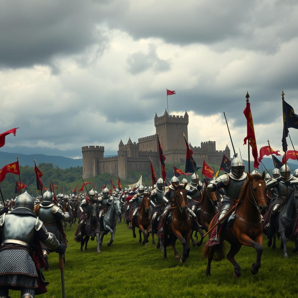 A historical movie scene set in medieval times, depicting knights in shining armor engaged in a grand battle