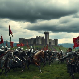 A historical movie scene set in medieval times, depicting knights in shining armor engaged in a grand battle