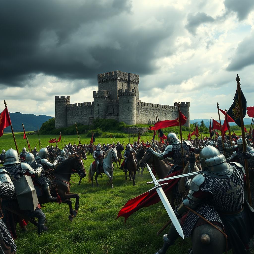 A historical movie scene set in medieval times, depicting knights in shining armor engaged in a grand battle