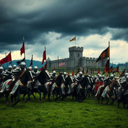 A historical movie scene set in medieval times, depicting knights in shining armor engaged in a grand battle