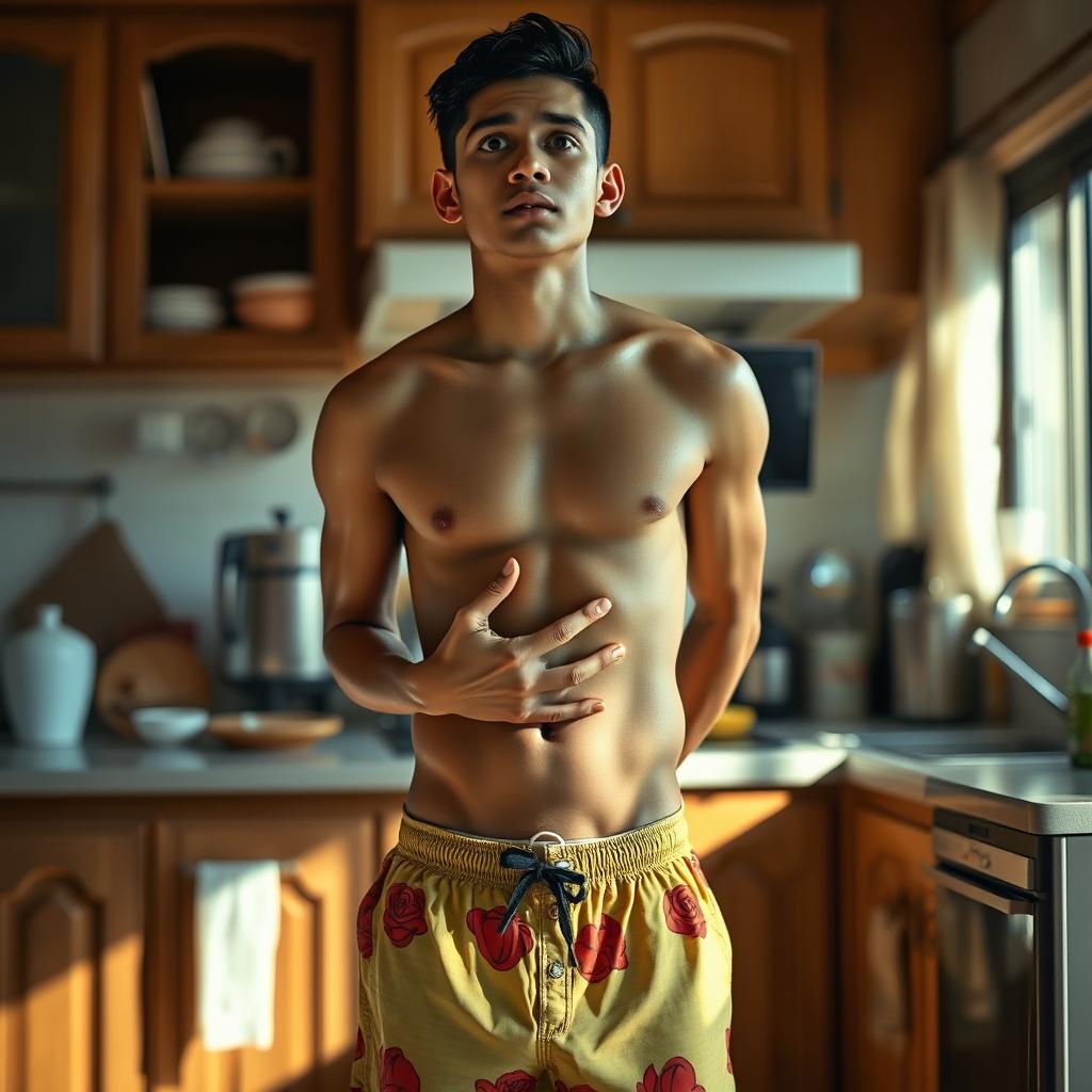 A 19-year-old Indonesian man with an athletic body, wearing swimming trunks, stands in a kitchen during the afternoon