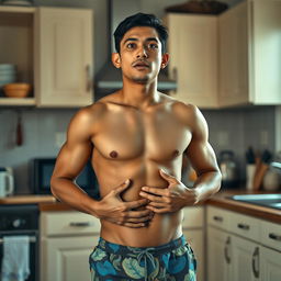 A 19-year-old Indonesian man with an athletic body, wearing swimming trunks, stands in a kitchen during the afternoon