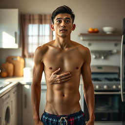 A 19-year-old Indonesian man with an athletic body, wearing swimming trunks, stands in a kitchen during the afternoon