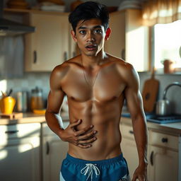 A 19-year-old Indonesian man with an athletic body, wearing swimming trunks, stands in a kitchen during the afternoon