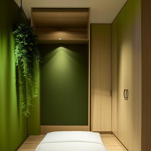 A modern bedroom featuring a green designer wall, an integrated wall study table, warm yellow lighting, a bed with a hanging canopy, a wooden sliding wardrobe, and a window showcasing lush greenery