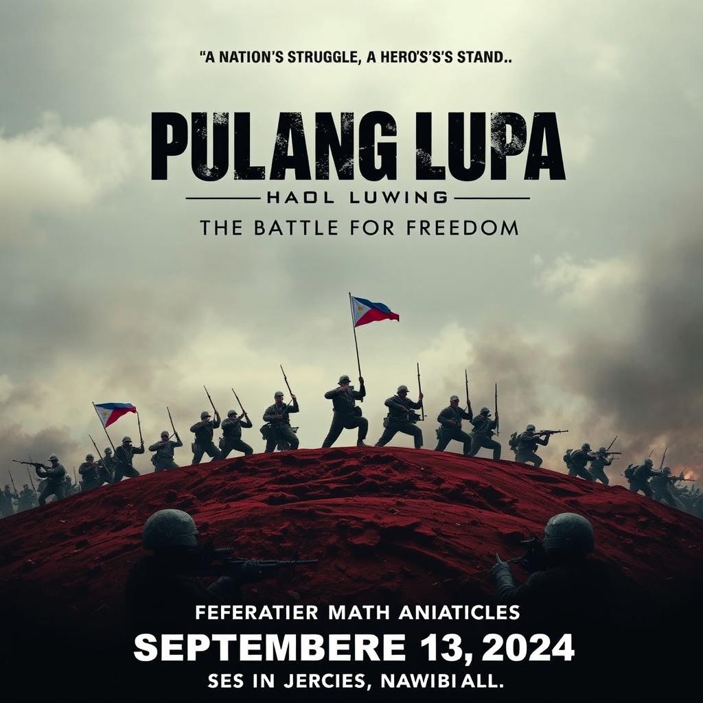 A historical movie poster titled "Pulang Lupa: The Battle for Freedom" showcasing a powerful scene of Filipino soldiers in heroic stances holding their ground on Pulang Lupa hill, with American forces advancing towards them