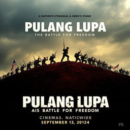 A historical movie poster titled "Pulang Lupa: The Battle for Freedom" showcasing a powerful scene of Filipino soldiers in heroic stances holding their ground on Pulang Lupa hill, with American forces advancing towards them