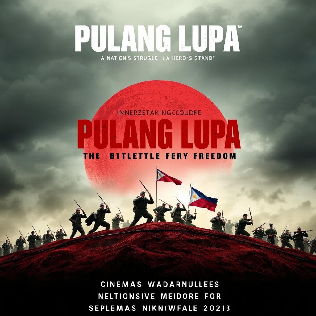 A historical movie poster titled "Pulang Lupa: The Battle for Freedom" showcasing a powerful scene of Filipino soldiers in heroic stances holding their ground on Pulang Lupa hill, with American forces advancing towards them