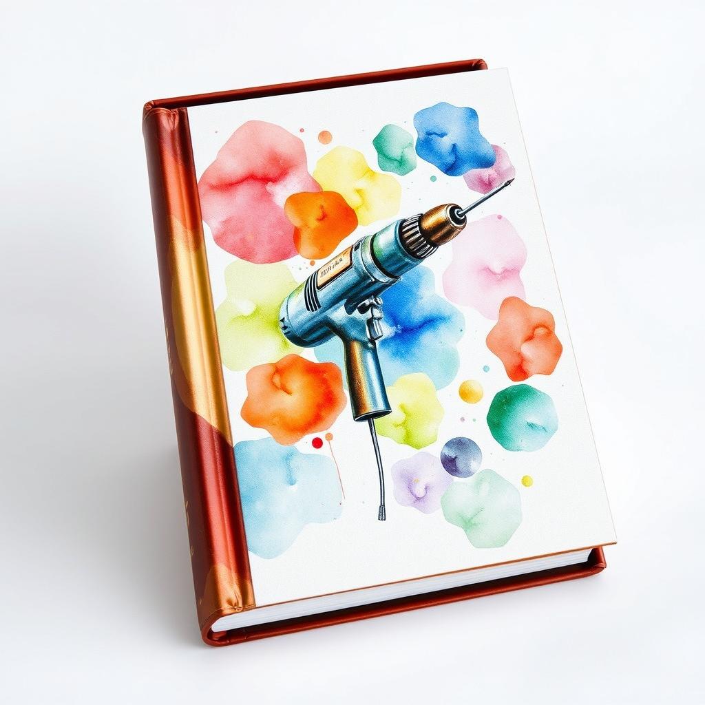 A hardcover book with a unique watercolor painting on its cover, showcasing a detailed and artistic depiction of a drill