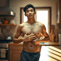 19-year-old athletic Indonesian man, wearing swimming trunks