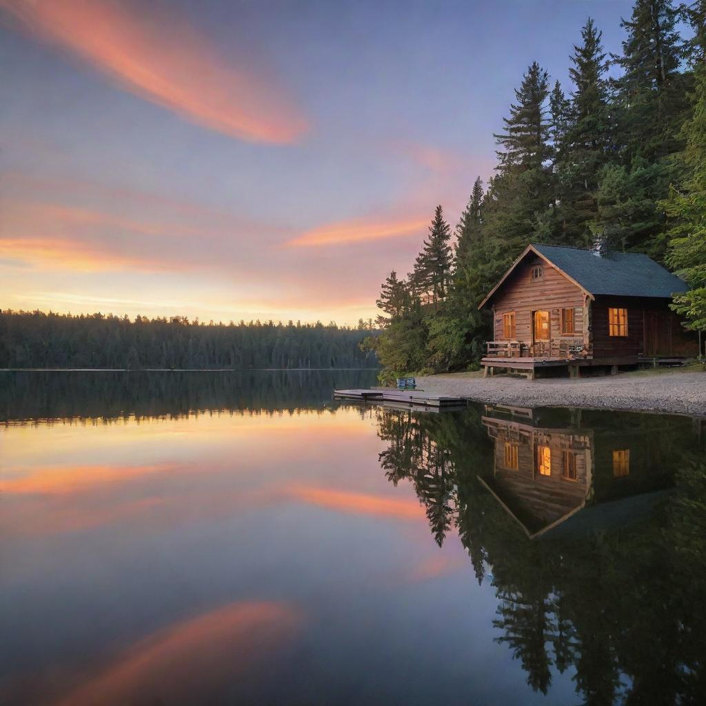 A calm, serene lake serene with a beautiful sunset reflecting off its still water, surrounded by shade-providing trees and a cozy cabin at its shore.