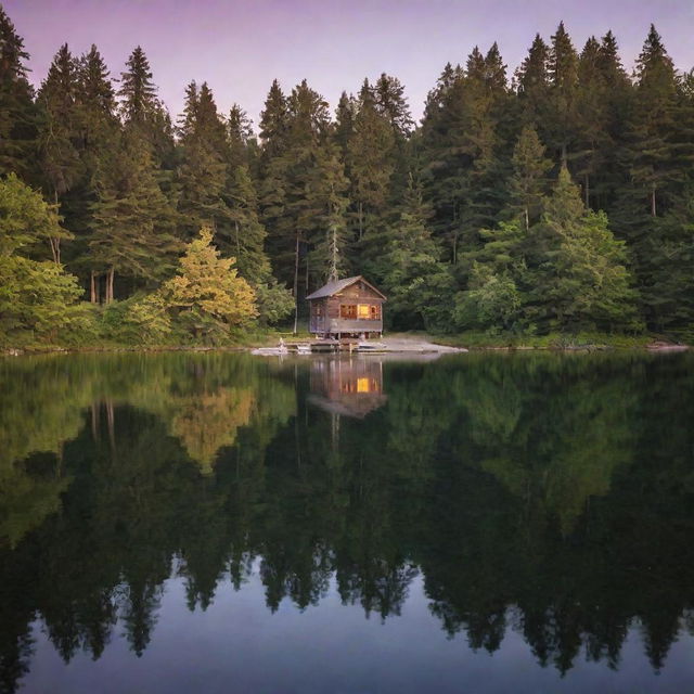 A calm, serene lake serene with a beautiful sunset reflecting off its still water, surrounded by shade-providing trees and a cozy cabin at its shore.