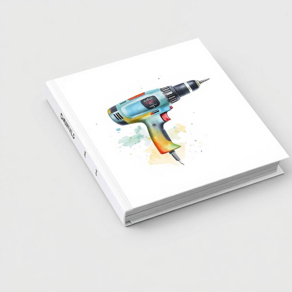 A hardcover book with a cover featuring a watercolor painting of a drill, set against a blank canvas background