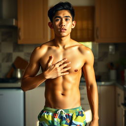 19-year-old athletic Indonesian man, wearing swimming trunks