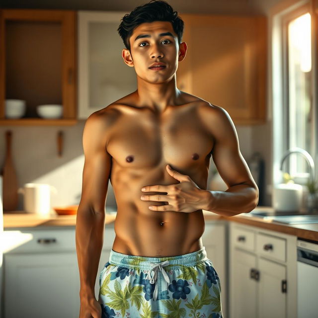 19-year-old athletic Indonesian man, wearing swimming trunks