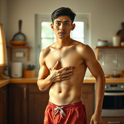 19-year-old athletic Indonesian man, wearing swimming trunks