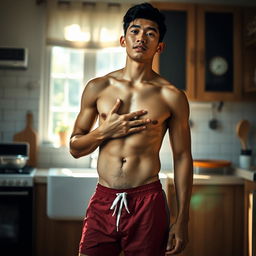 19-year-old athletic Indonesian man, wearing swimming trunks