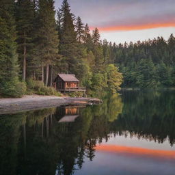 A calm, serene lake serene with a beautiful sunset reflecting off its still water, surrounded by shade-providing trees and a cozy cabin at its shore.