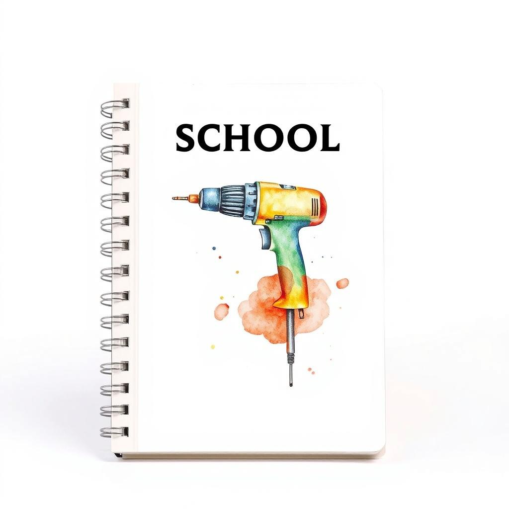 A school book featuring a striking watercolor illustration on its cover, depicting a drill artfully painted against a blank canvas