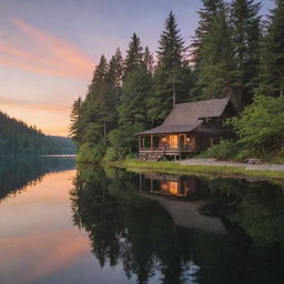 A calm, serene lake serene with a beautiful sunset reflecting off its still water, surrounded by shade-providing trees and a cozy cabin at its shore.