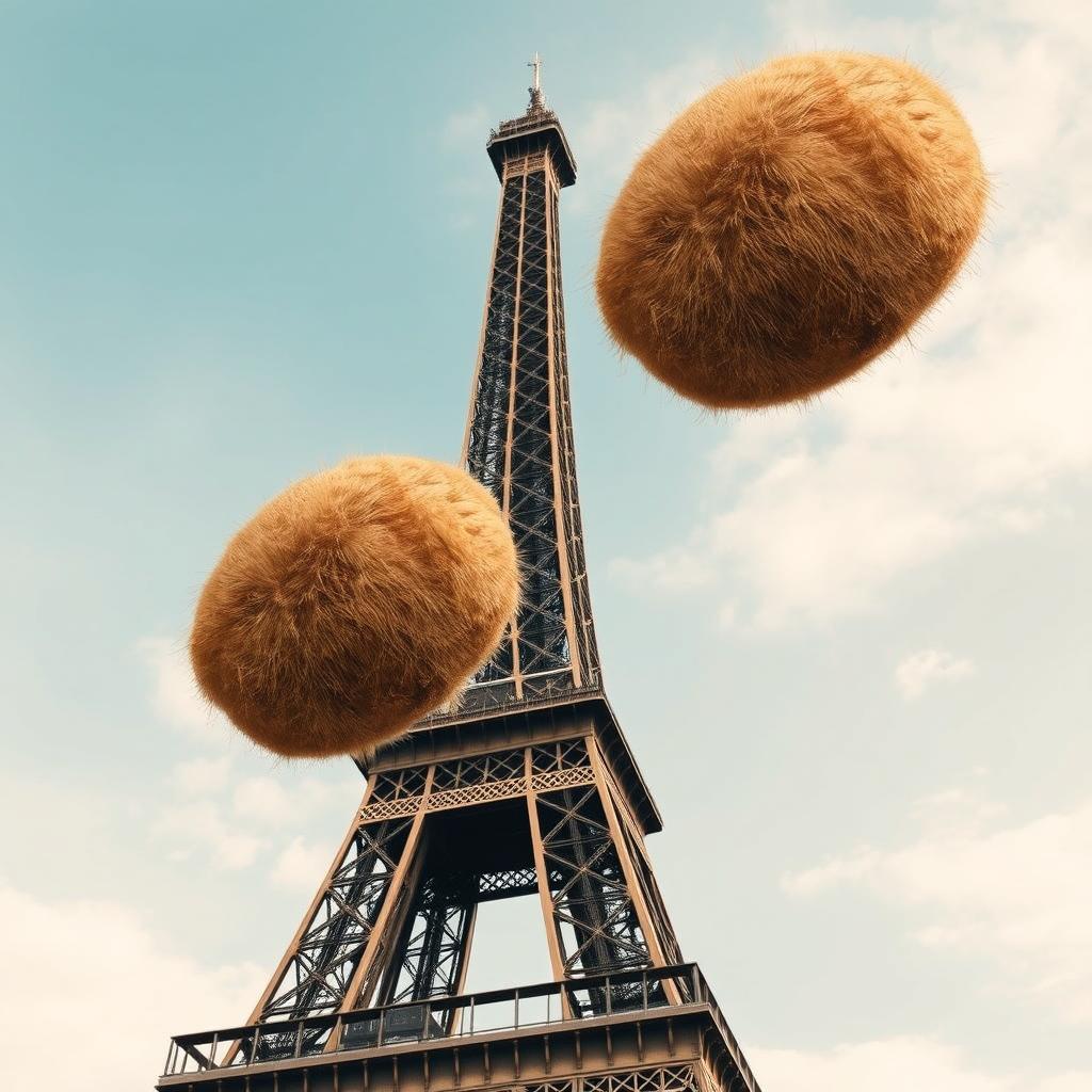 Eiffel Tower in the background with a surreal twist: above this iconic Parisian landmark, there is a whimsical addition of gigantic hairy walnuts floating majestically in the sky