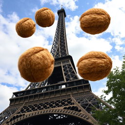 Eiffel Tower in the background with a surreal twist: above this iconic Parisian landmark, there is a whimsical addition of gigantic hairy walnuts floating majestically in the sky