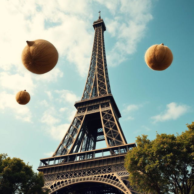 Eiffel Tower in the background with a surreal twist: above this iconic Parisian landmark, there is a whimsical addition of gigantic hairy walnuts floating majestically in the sky