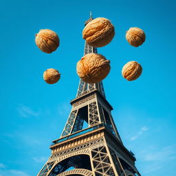 Eiffel Tower in the background with a surreal twist: above this iconic Parisian landmark, there is a whimsical addition of gigantic hairy walnuts floating majestically in the sky