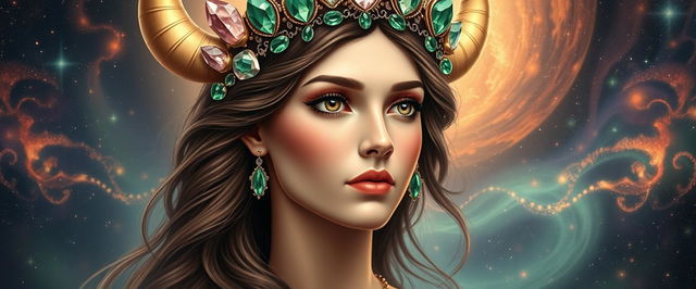 A stunning depiction of the brunette Goddess of Taurus, embodying graceful beauty with a mesmerizing aura