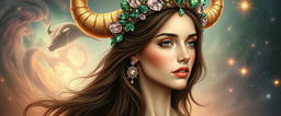 A stunning depiction of the brunette Goddess of Taurus, embodying graceful beauty with a mesmerizing aura