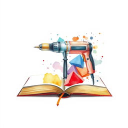 A school book with its cover transformed into a captivating watercolor illustration, depicting a drill as the focal subject