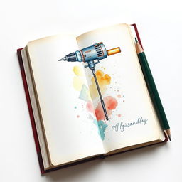 A school book with its cover transformed into a captivating watercolor illustration, depicting a drill as the focal subject