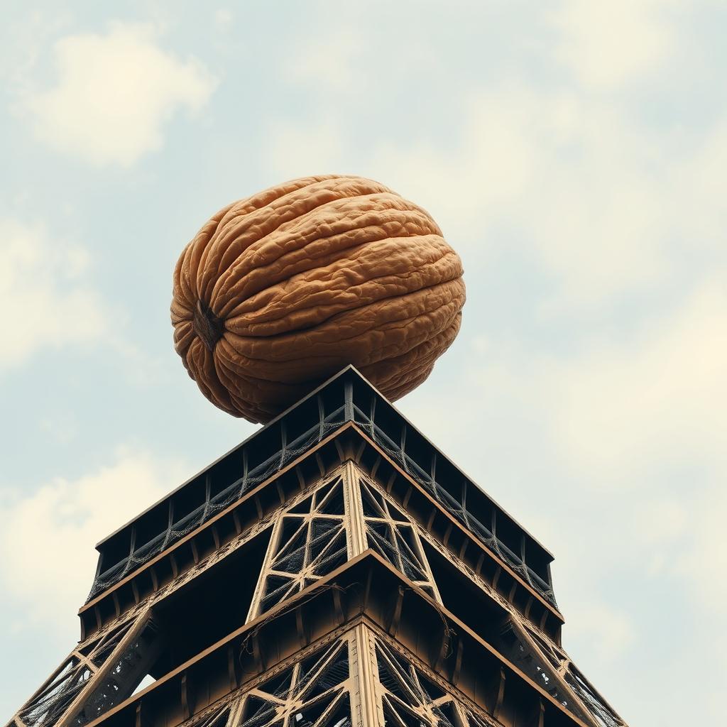 Eiffel Tower with a surreal twist: placed delicately on the top of this iconic Parisian landmark is a single gigantic hairy walnut