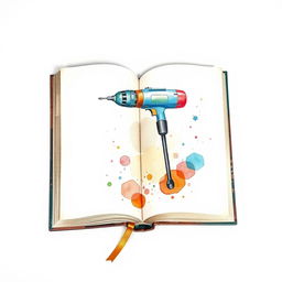 A school book with its cover transformed into a captivating watercolor illustration, depicting a drill as the focal subject