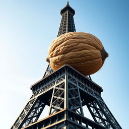 Eiffel Tower with a surreal twist: placed delicately on the top of this iconic Parisian landmark is a single gigantic hairy walnut