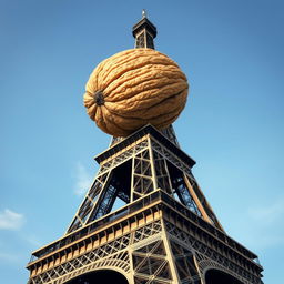 Eiffel Tower with a surreal twist: placed delicately on the top of this iconic Parisian landmark is a single gigantic hairy walnut