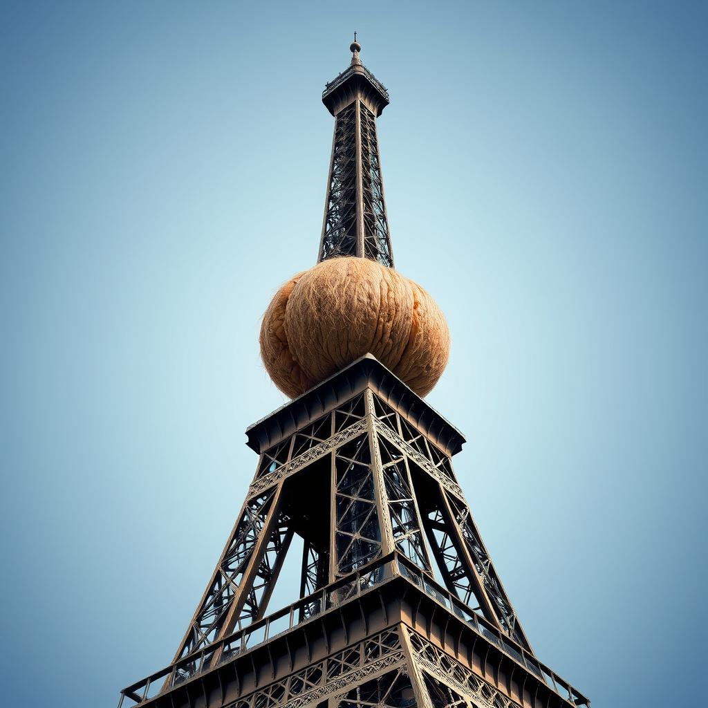 Eiffel Tower with a surreal twist: placed delicately on the top of this iconic Parisian landmark is a single gigantic hairy walnut