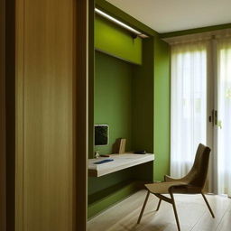 A modern bedroom featuring a green designer wall, an integrated wall study table, warm yellow lighting, a bed with a hanging canopy, a wooden sliding wardrobe, and a window showcasing lush greenery