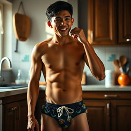 A 19-year-old Indonesian man with an athletic body, wearing swimming trunks, standing in a kitchen in the afternoon