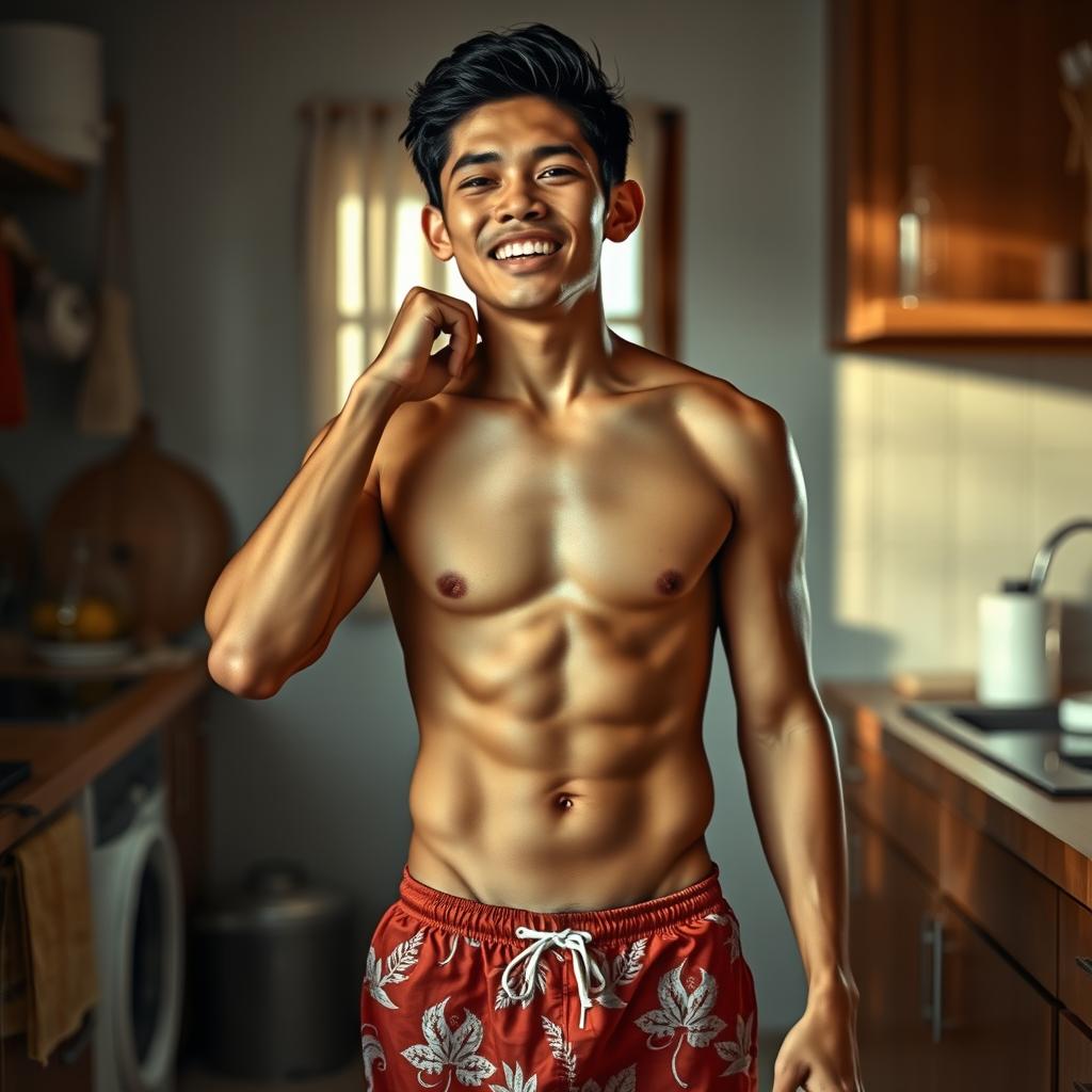 A 19-year-old Indonesian man with an athletic body, wearing swimming trunks, standing in a kitchen in the afternoon