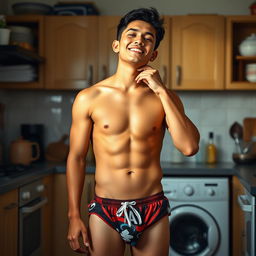 A 19-year-old Indonesian man with an athletic body, wearing swimming trunks, standing in a kitchen in the afternoon